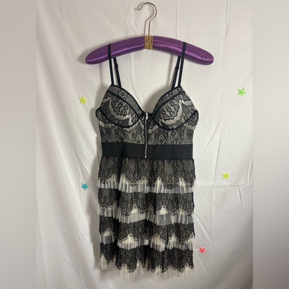 Y2K Tiered Lace Push Up Zipper Bustier Dark Coquette Western Mini Dress M
